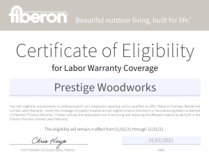 Prestige Woodworks, Edmonton, Alberta - Fiberon Certificate